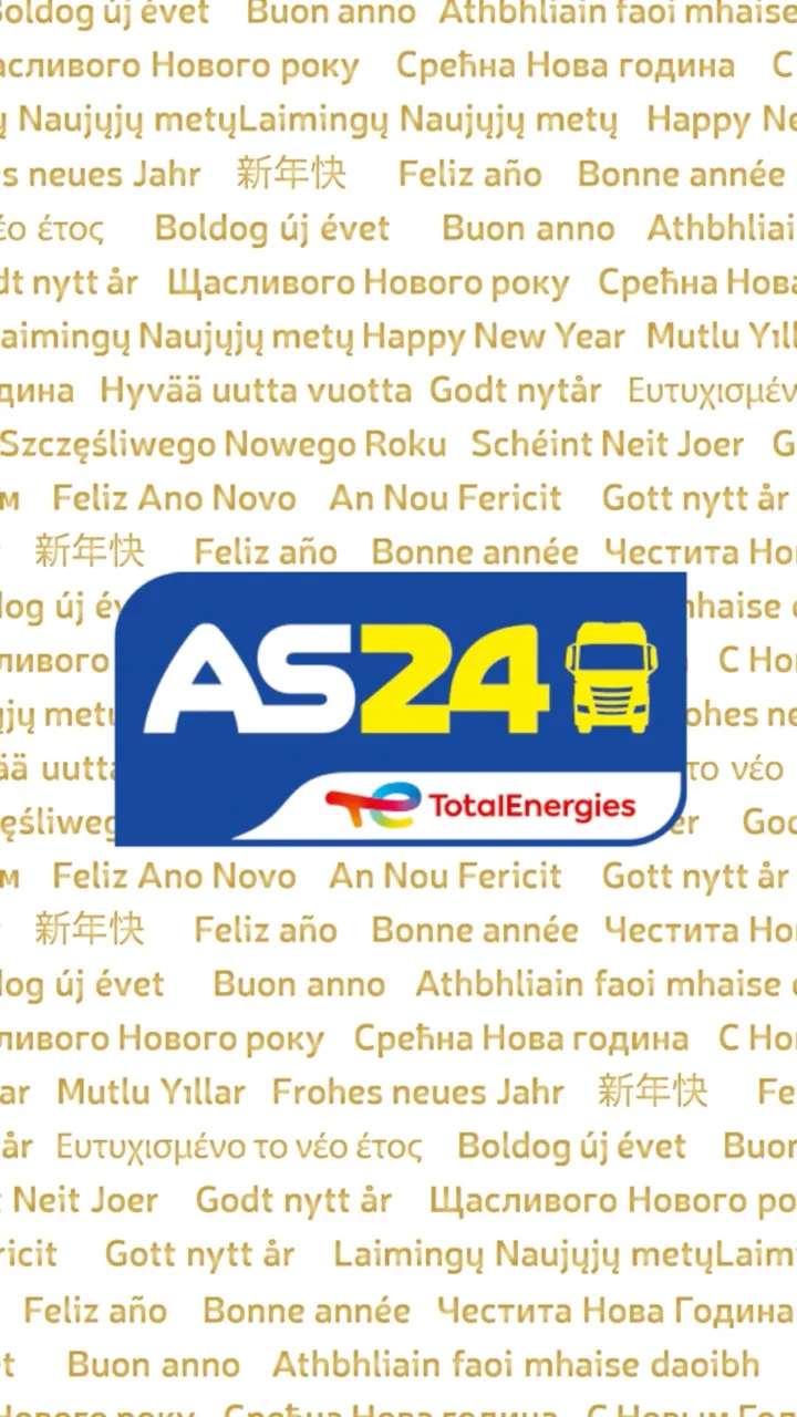 Carte de vœux 2023 d’AS 24 : vœux de bonne année en de nombreuses langues, en lettres dorées, autour du logo AS 24 TotalEnergies