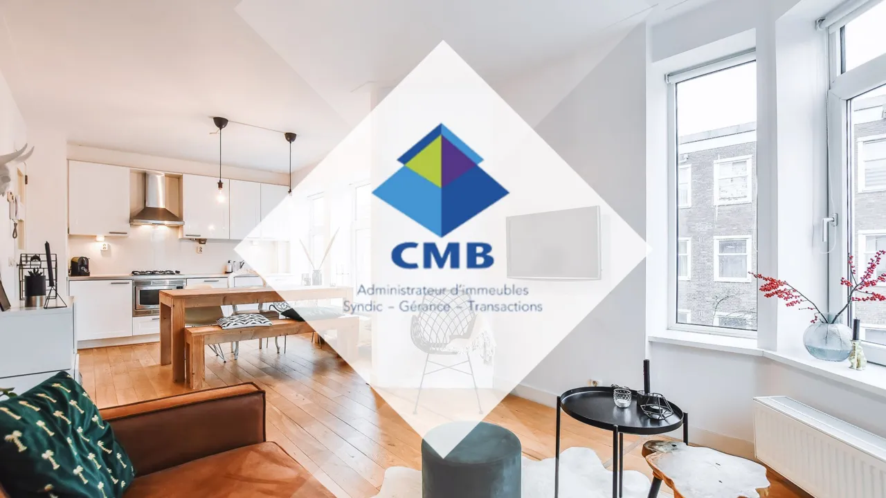 Carte de vœux 2025 du cabinet CMB : logo dans un losange blanc sur la photo d’un appartement lumineux