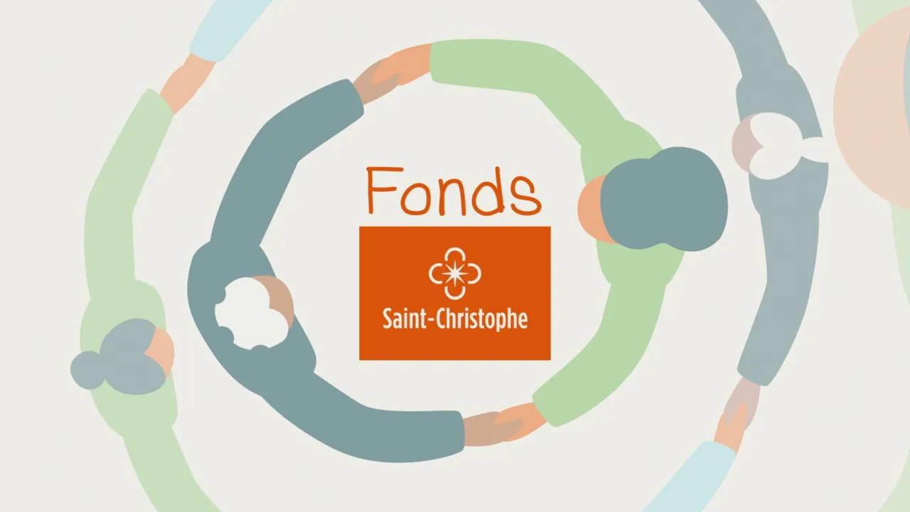 Carte de vœux 2023 du Fonds Saint-Christophe : personnages dessinés se tenant la main en cercles autour du logo orange du Fonds