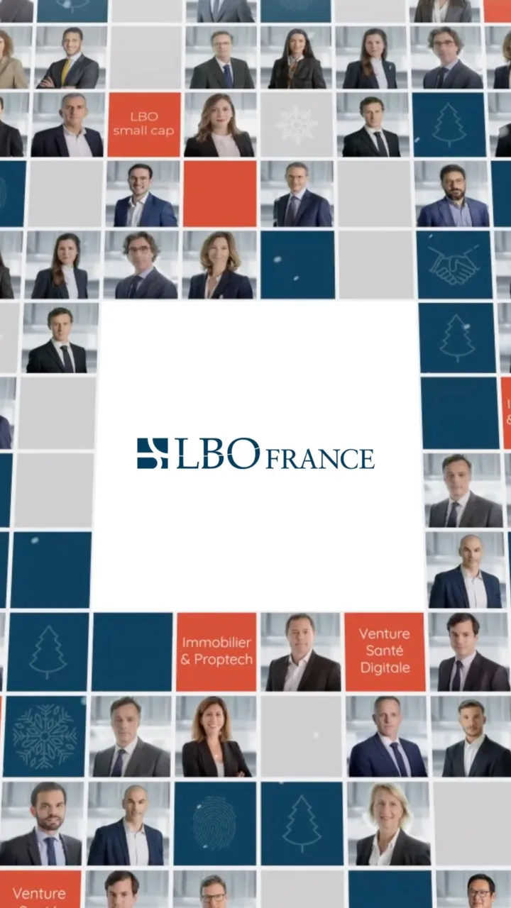 Carte de vœux 2024 de LBO France : mosaïque de portraits et de pavés colorés ornés de sapins et de flocons, logo LBO France au centre