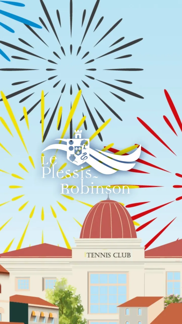 Carte de vœux 2024 du Plessis-Robinson : feux d’artifice au-dessus des toits et du Tennis Club à coupole rouge, logo de la ville en blanc