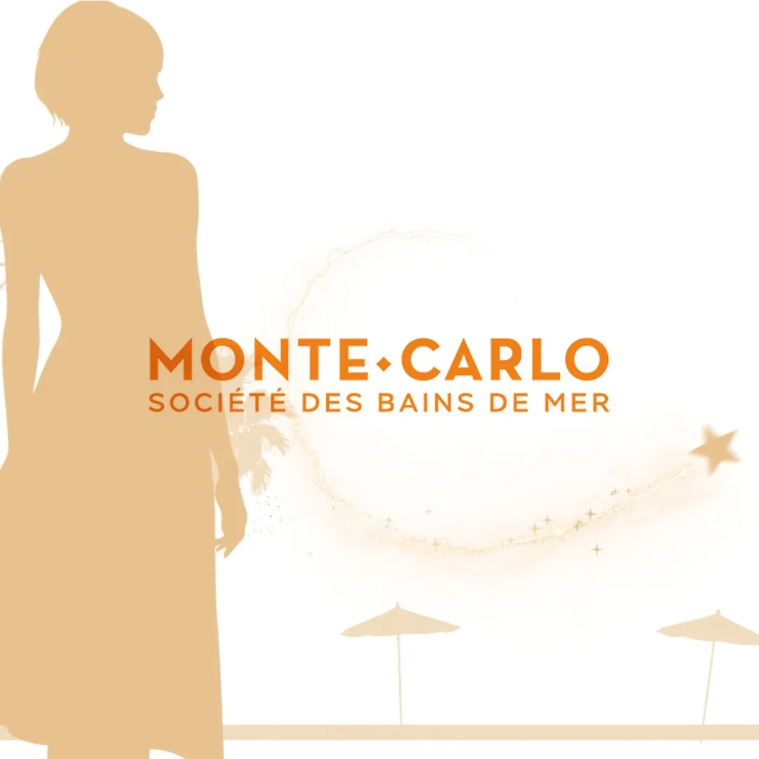 Carte de vœux 2025 de Monte-Carlo Société des Bains de Mer : silhouette de femme, palmier, parasols et étoile filante autour du logo orange