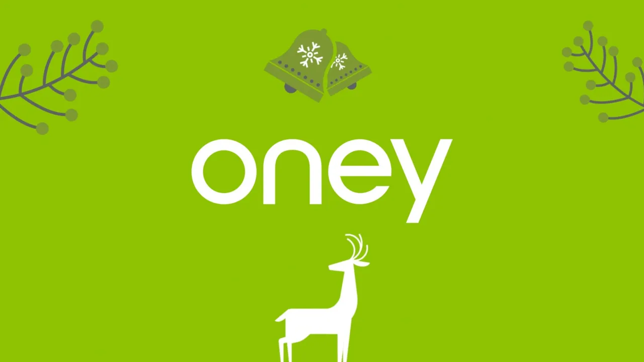 Carte de vœux 2024 d’Oney : cerf blanc, clochettes et branches stylisées autour du logo Oney, sur fond vert