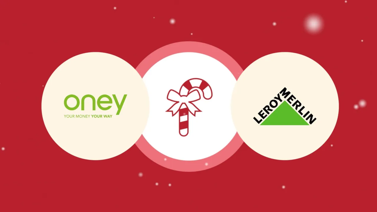 Carte de vœux 2025 d’Oney et Leroy Merlin : logos Oney et Leroy Merlin de part et d’autre d’un sucre d’orge, sur fond rouge semé de flocons
