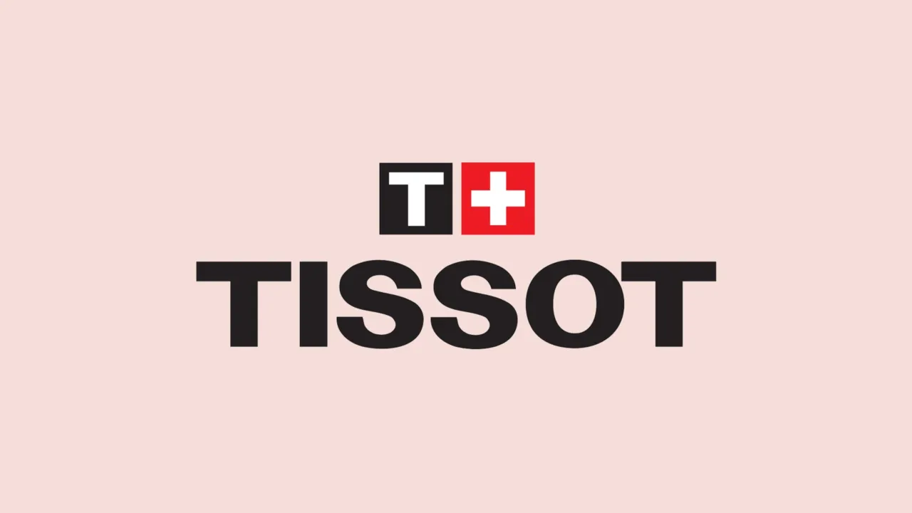 Carte de vœux 2023 de Tissot : logo Tissot noir avec la croix suisse rouge, sur fond rose poudré